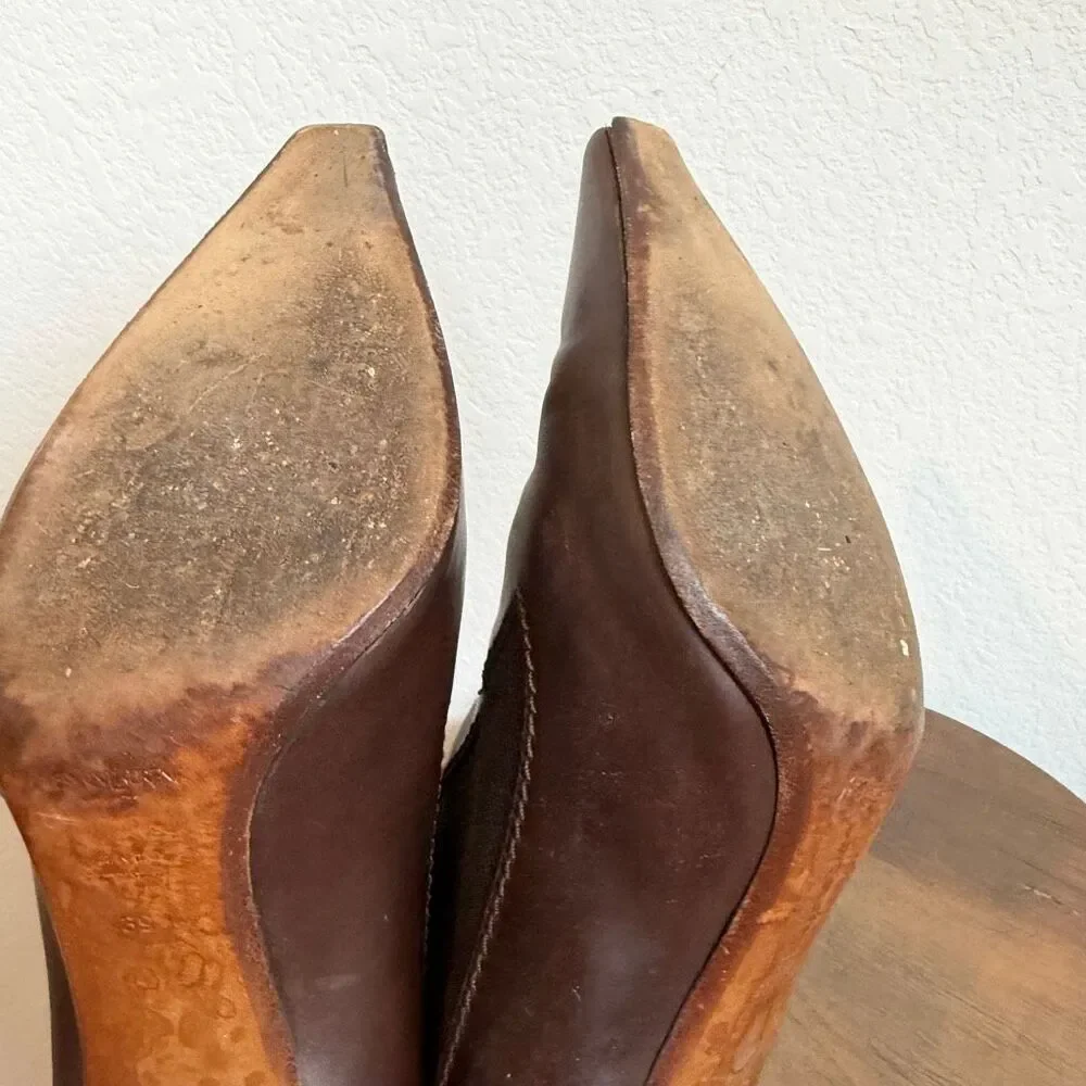 Yves Saint Laurent Brown Leather Pull-On Heeled Sock Bootie Women's Size 39 US 9
